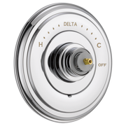 Chrome Delta Cassidy Monitor 14 Series valve trim with white dial, hot and cold markings, and brass center port without handl