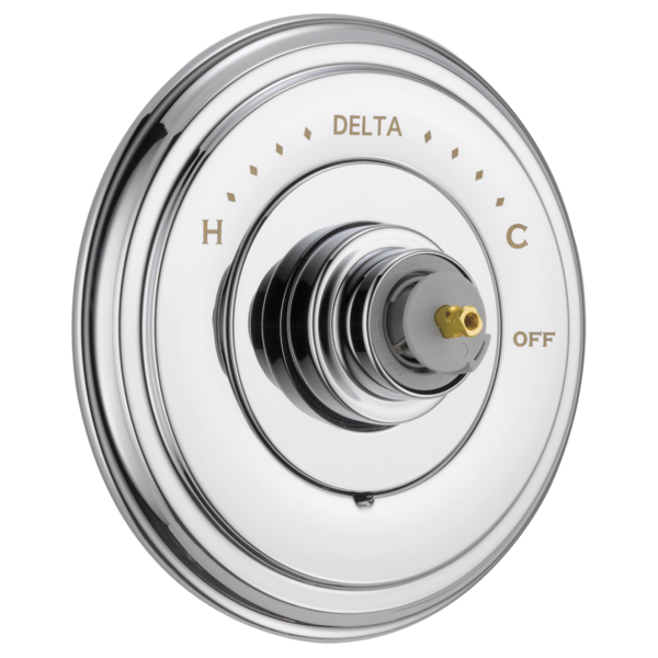 Chrome Delta Cassidy Monitor 14 Series valve trim with white dial, hot and cold markings, and brass center port without handl