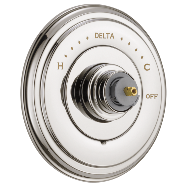 Delta Cassidy Monitor 14 Series valve trim with white and chrome finish, temperature and off controls, no handle included.