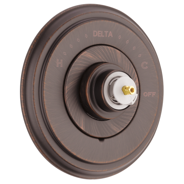 Delta Cassidy monitor valve trim in oil-rubbed bronze with temperature and off markings, brass connector visible.