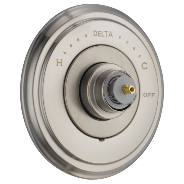 Delta Cassidy Monitor 14 Series valve trim with brushed nickel finish, temperature dial, and brass inlet port visible.