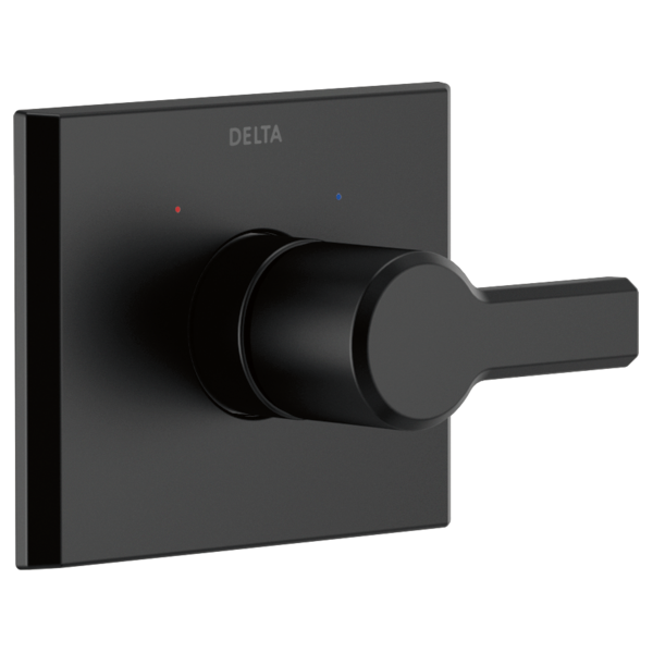 Black Delta Pivotal monitor valve trim with square escutcheon plate and cylindrical lever handle with temperature indicator d