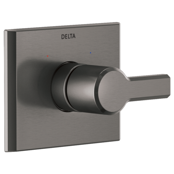 Brushed nickel Delta Pivotal Monitor valve trim with square escutcheon plate and lever handle.