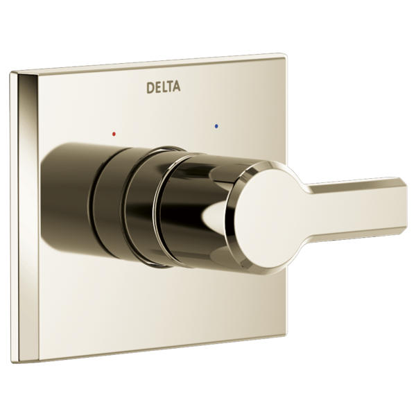Delta Pivotal Monitor 14 Series brushed nickel valve trim with square escutcheon plate and lever handle.