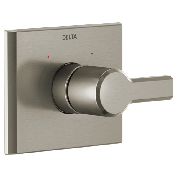 Brushed nickel Delta valve trim with square backplate, lever handle, and temperature indicator dots.