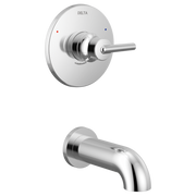 Chrome Delta Trinsic tub trim with round valve body, lever handle, and curved tub spout with hot and cold indicator dots.