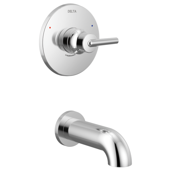 Chrome Delta Trinsic tub trim with round valve body, lever handle, and curved tub spout with hot and cold indicator dots.