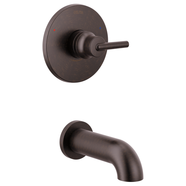 Bronze tub trim set with single-lever valve handle and curved tub spout.