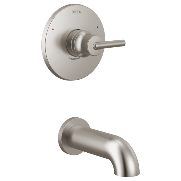 Brushed nickel tub trim with round wall plate, lever handle, temperature indicator dots, and curved spout.