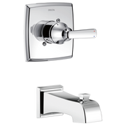 Chrome Delta Ashlyn tub trim with square escutcheon plate, lever handle, and curved spout.