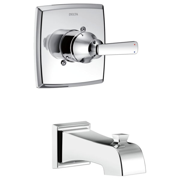 Chrome Delta Ashlyn tub trim with square escutcheon plate, lever handle, and curved spout.