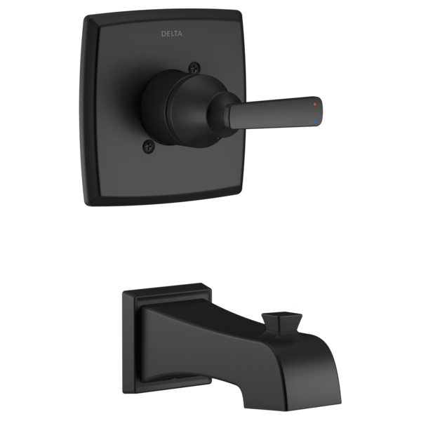 Black matte finish tub trim with square escutcheon plate, lever handle, and curved spout.