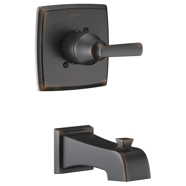 Black matte finish tub trim with square mounting plate, lever handle, and curved spout with bronze accents.