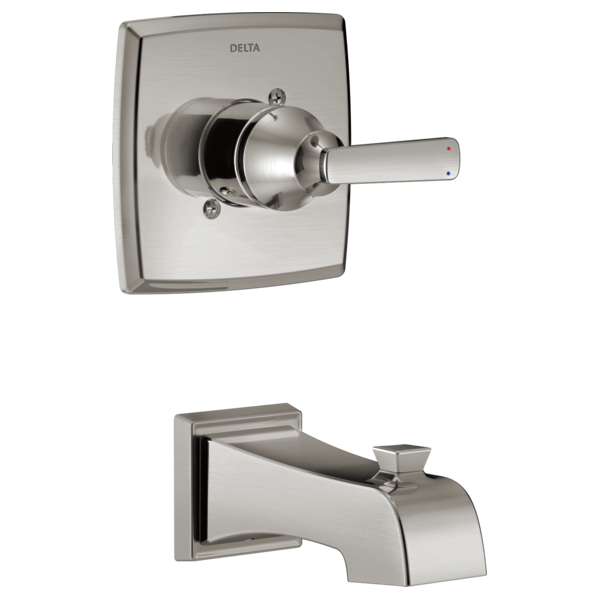 Brushed nickel Delta tub trim with square escutcheon, lever handle, and matching spout.