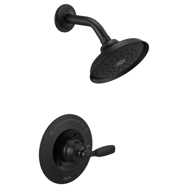 Black shower trim set with round showerhead, curved arm, wall plate, and single lever handle.