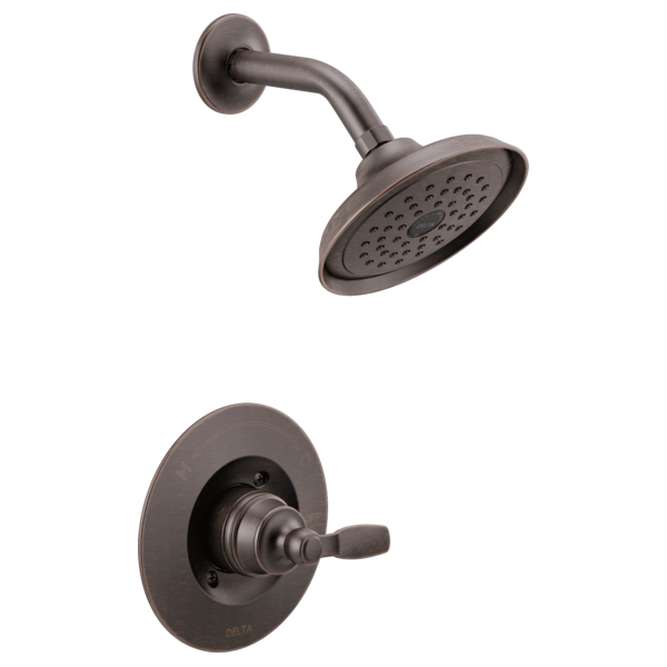 Oil-rubbed bronze shower trim with round showerhead and single-lever valve trim.