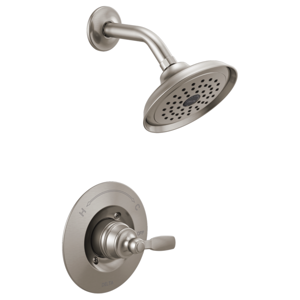 Brushed nickel shower trim with round showerhead and single-lever valve control mounted on circular trim plate.