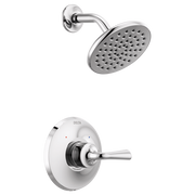 Chrome shower trim with round perforated showerhead and wall-mounted valve control with lever handle.