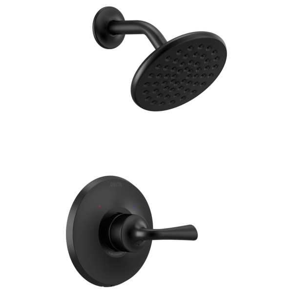 Black shower trim with round perforated showerhead and matching valve handle with circular trim ring.