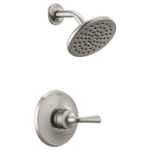 Brushed nickel shower trim with round showerhead and single-lever valve control.