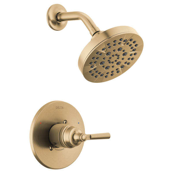 Champagne bronze shower trim with round showerhead and single-lever valve control mounted on circular escutcheon plate.