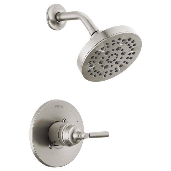 Brushed nickel shower trim with round showerhead and single-lever valve control.