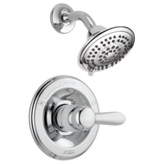Chrome shower trim with round showerhead and single-lever valve control mounted on circular escutcheon plate.