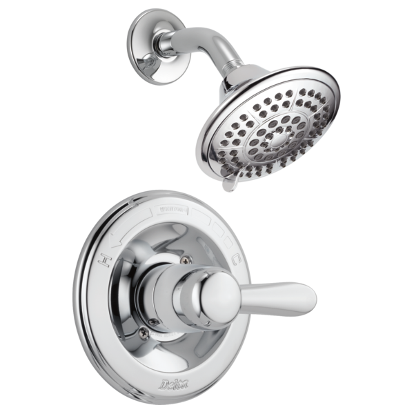 Chrome shower trim with round showerhead and single-lever valve control mounted on circular escutcheon plate.