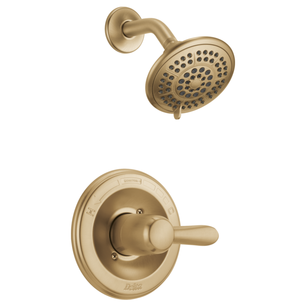 Champagne bronze shower trim with round showerhead and lever handle control valve.