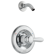 Chrome shower trim with round escutcheon plate, single lever handle, and curved wall-mounted arm without showerhead.
