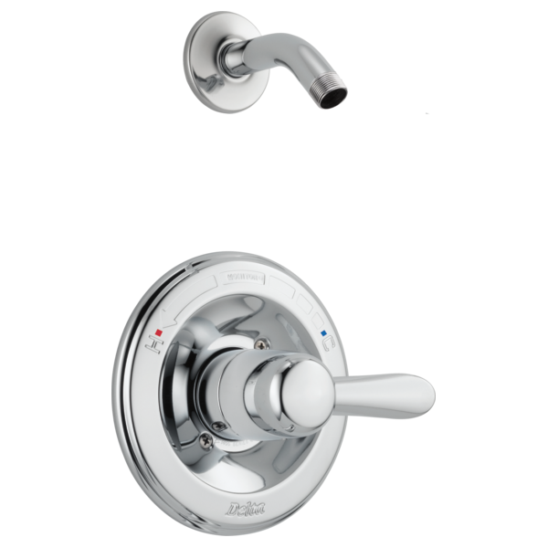 Chrome shower trim with round escutcheon plate, single lever handle, and curved wall-mounted arm without showerhead.