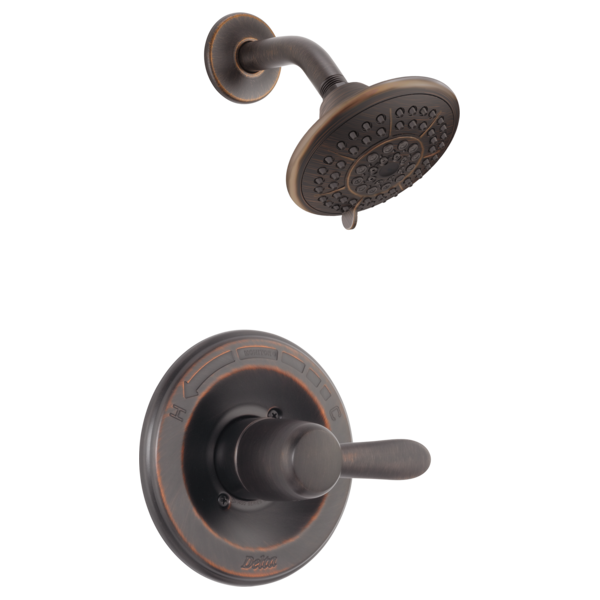 Bronze shower trim with round showerhead and single-lever valve control mounted on round escutcheon plate.