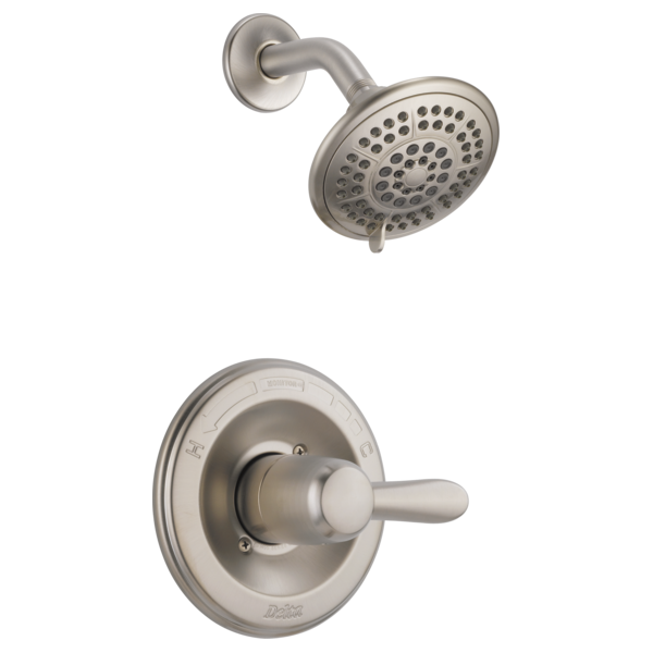 Brushed nickel shower trim with round perforated showerhead and single-lever valve control.