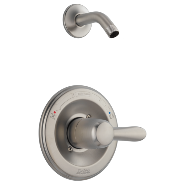 Brushed nickel shower trim with round escutcheon plate, single lever handle, and curved shower arm without showerhead.