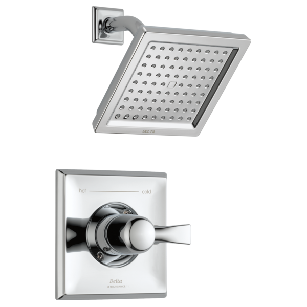 Chrome shower trim set with square rainfall showerhead and single-handle monitor valve with temperature control.