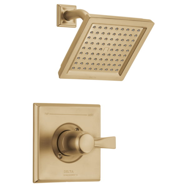 Champagne bronze shower trim with square showerhead and single-handle valve control.
