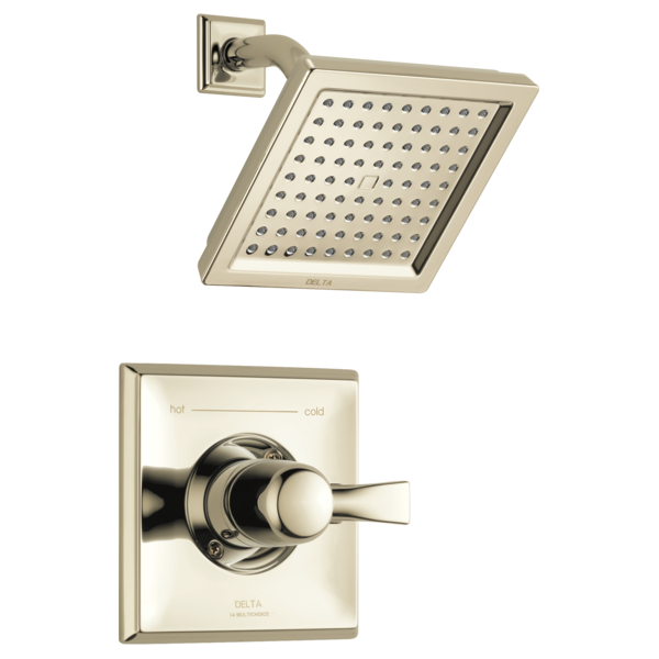 Chrome shower trim with square showerhead featuring multiple spray jets and matching valve trim with lever handle.