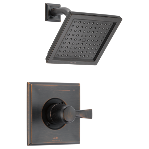 Dark grey square showerhead with multiple spray holes and matching wall-mounted valve trim with lever handle.