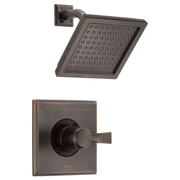 Square showerhead with perforated spray pattern and matching wall-mounted valve trim in oil-rubbed bronze finish.