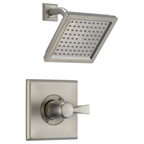 Brushed nickel shower trim with square rainfall showerhead and single-lever valve control on square wall plate.