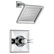Chrome showerhead with square face and multiple spray jets mounted on curved arm, with matching monitor valve trim plate and 