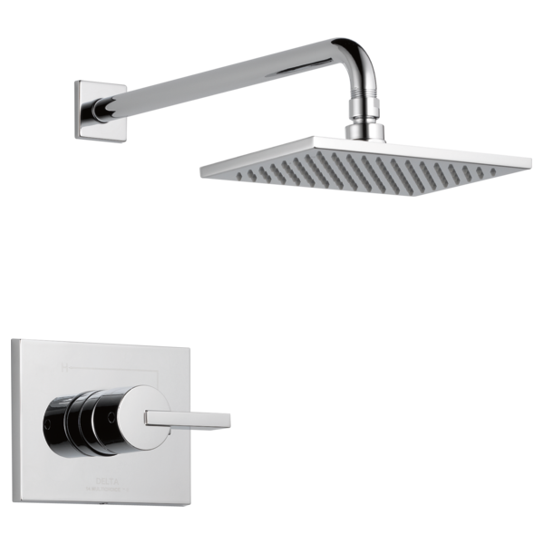 Chrome shower trim with square rainfall showerhead and wall-mounted arm, plus single-lever valve trim plate.