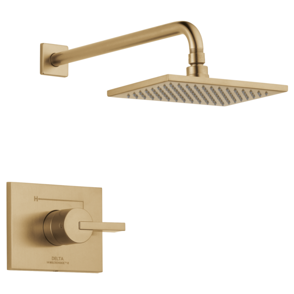Champagne bronze shower trim with square rainfall showerhead and wall-mounted control valve with lever handle.