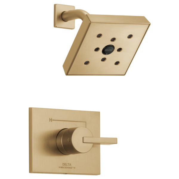 Champagne bronze shower trim with square showerhead featuring multiple spray jets and matching wall-mounted control valve.