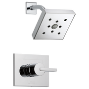 Chrome square shower head with multiple spray jets and matching wall-mounted valve trim with lever handle.