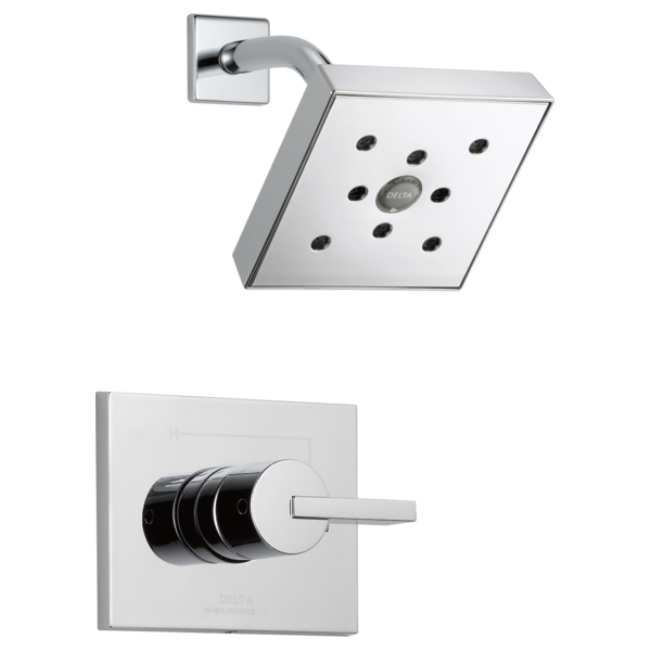 Chrome square shower head with multiple spray jets and matching wall-mounted valve trim with lever handle.
