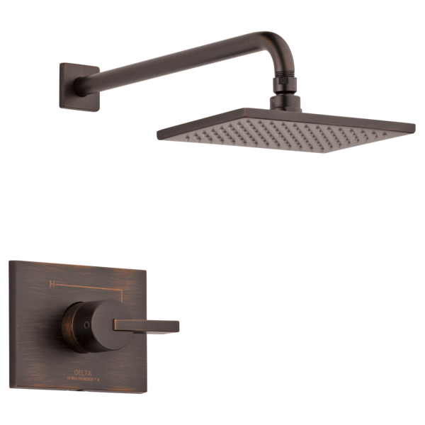 Bronze shower trim set with square rainfall showerhead, wall-mounted arm, and single-handle control valve.
