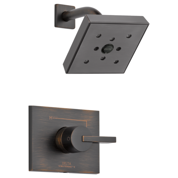 Matte black shower trim with square showerhead, curved arm, and rectangular valve plate with single lever handle.