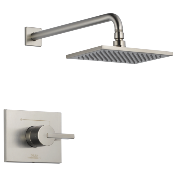Brushed nickel shower trim with square showerhead, curved arm, wall-mounted valve, and lever handle.