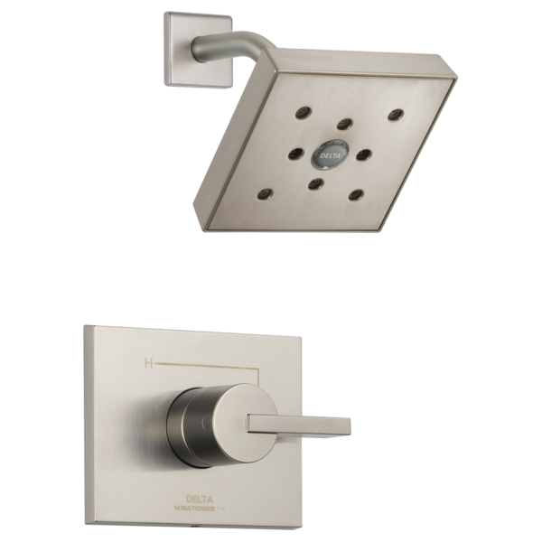 Brushed nickel shower trim with square showerhead featuring multiple spray holes and matching wall-mounted control valve.